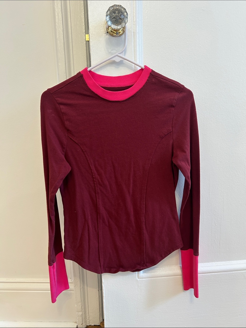 Anthropologie Burgundy Long Sleeve Crewneck with Pink Trim